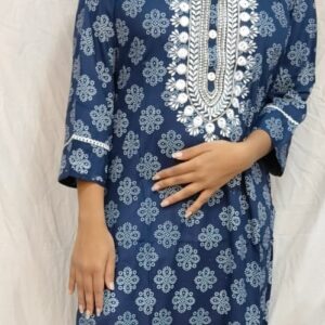 Women’s/Girl’s Cotton Blend Straight Cut Printed Embroidered Kurti